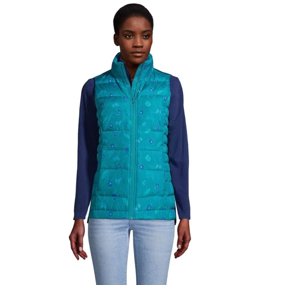 Lands End Packable Lightweight Floral Down Puffer Vest Turquoise Floral Outdoors
